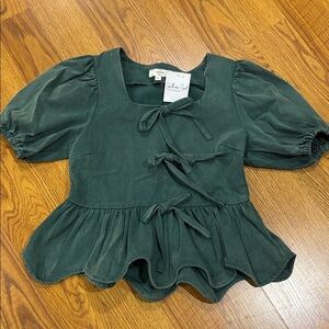 Elegant Forest Green Puff Sleeve Blouse